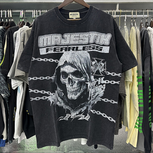 MA003P65MAJESTIK Death Chain Garment Dyed Print Crop Tee